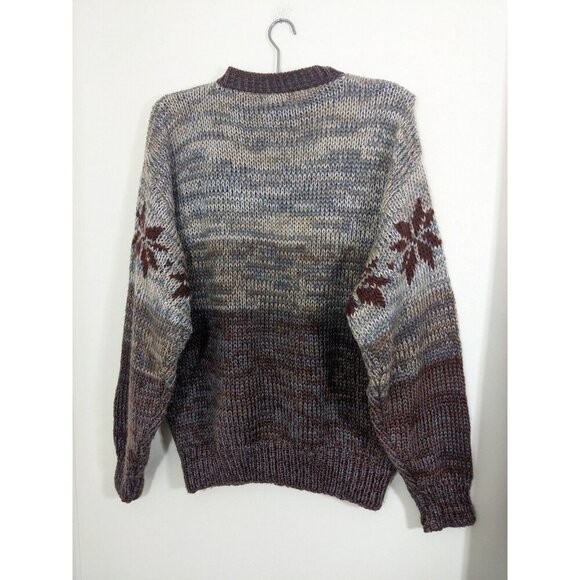 Vintage 90s Hand Knit Sweater Pullover L Brown Nordic Cabin Granola Fair Isle - Picture 3 of 5